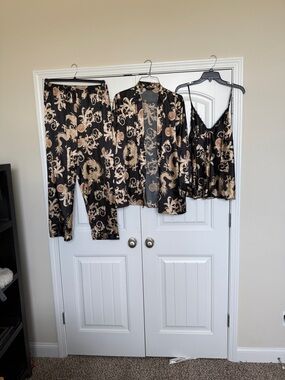 Black & Gold Floral Satin 3-Piece Pajama Set